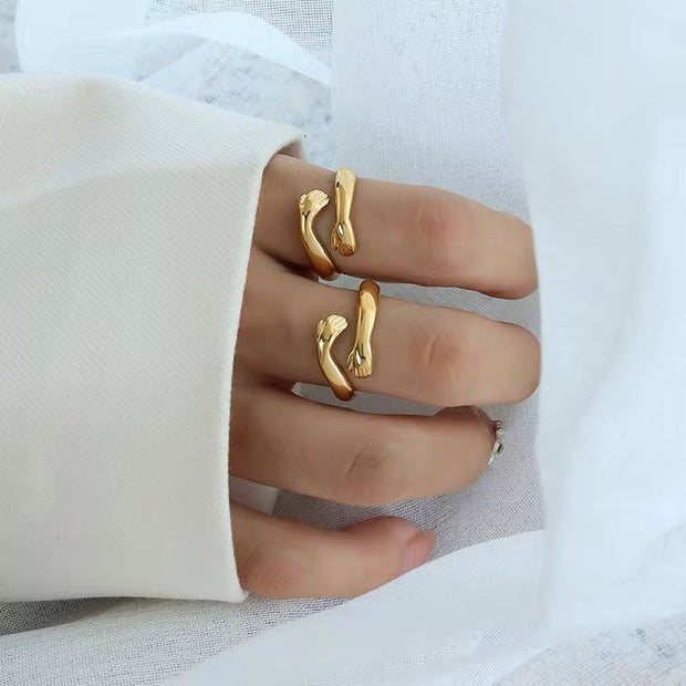 18K Gold Plated Cute Hand Hug Stainless Steel Embrace Hug Finger Open Ring Women