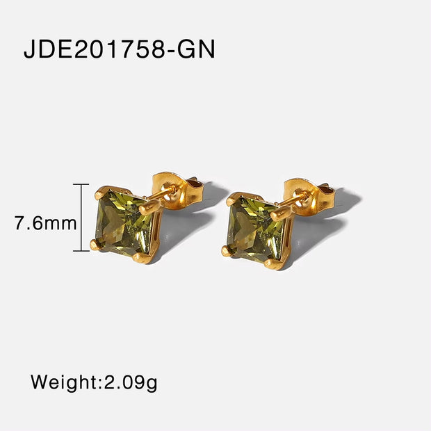 18K Gold Plated Stainless Steel Jewelry Gift Square Earrings Colorful Cubic Zirconia Stud Earrings