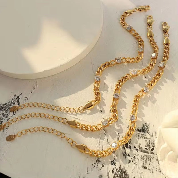 18K Gold Plated Stainless Steel Jewelry Waterproof Charm Cuban Chain Cubic Zirconia Bracelet for Women Ladies