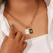 Vintage Square Acrylic Zircon Pendant Necklace 18K Gold Plated Stainless Steel Figaro Chain Necklace