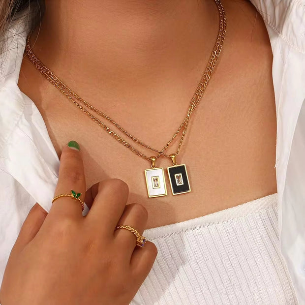 Vintage Square Acrylic Zircon Pendant Necklace 18K Gold Plated Stainless Steel Figaro Chain Necklace