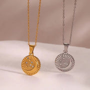Vintage round Sunburst Texture Moon Star Zircon Pendant Necklace Stainless Steel Necklace Design Jewelry
