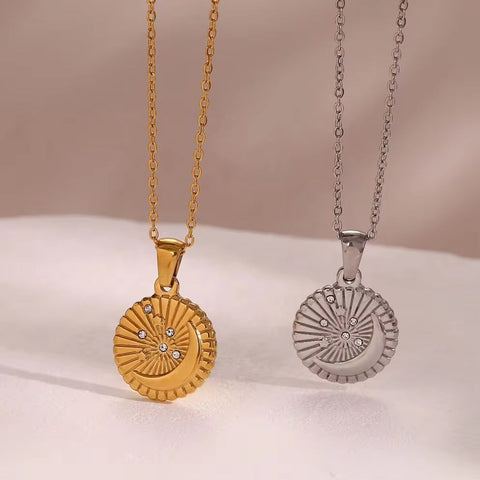 Vintage round Sunburst Texture Moon Star Zircon Pendant Necklace Stainless Steel Necklace Design Jewelry
