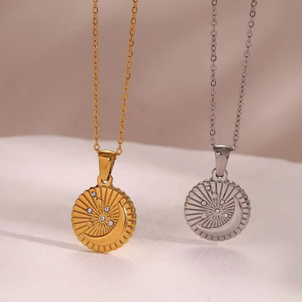 Vintage round Sunburst Texture Moon Star Zircon Pendant Necklace Stainless Steel Necklace Design Jewelry