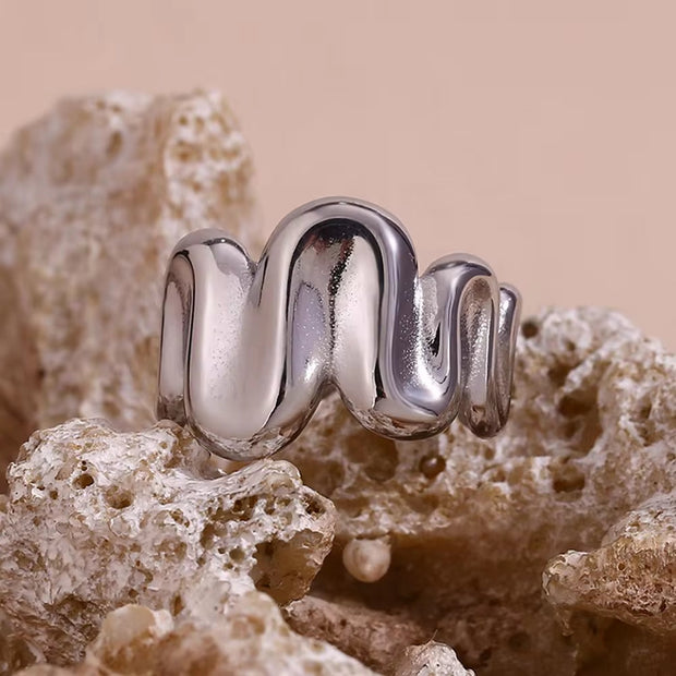 2024 Jewelry Water Wave Signet Ring Gold Plated Jewelry Stainless Steel Statement Rings
