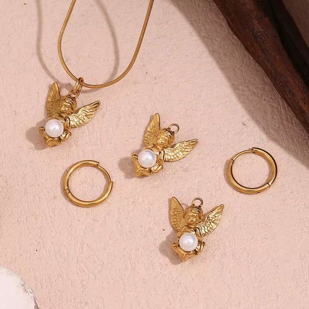 Vintage Pearl Angel Pendant Necklace and Earring Set Gold Plated Stainless Steel Jewelry Set