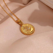 Vintage round Sunburst Texture Moon Star Zircon Pendant Necklace Stainless Steel Necklace Design Jewelry