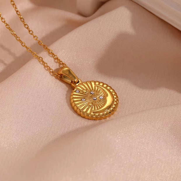Vintage round Sunburst Texture Moon Star Zircon Pendant Necklace Stainless Steel Necklace Design Jewelry