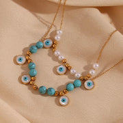 Turquoise Jewelry Imitation Pearl Evil Eye Jewelry Gold Plated Stainless Steel Charm Necklace