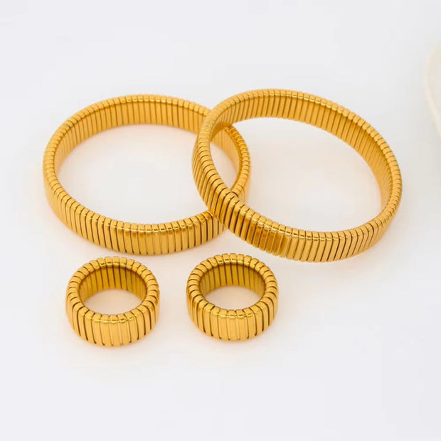 12Mm Thick Chunky Stainless Steel Elastic Bracelet Rings Jewelry Set Men Women Stylish PVD Gold Plated Ornaments