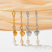 18K Gold 316 Stainless Steel Chain Link Natural Pearl Heart Long Drop Dangle Earrings for Women Waterproof Jewelry