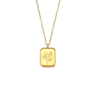 Vintage Engraved Square Birth Flower Pendant Necklace 18K Gold Plated Stainless Steel Tarot Necklace