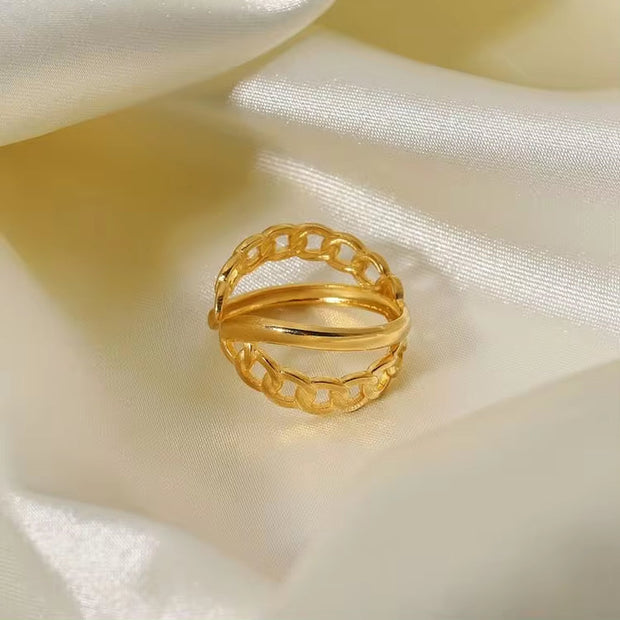 Unique Design Women Finger Ring Jewelry Double Chain Cross Adjustable Open Ring 18K Gold Plated Stainless Steel Rings