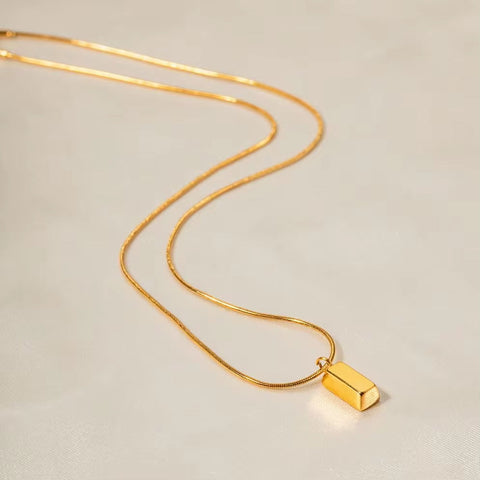 Waterproof 18K PVD Gold Plated Thin Snake Chain Simple Stainless Steel Brick Square Pendant Necklace for Women