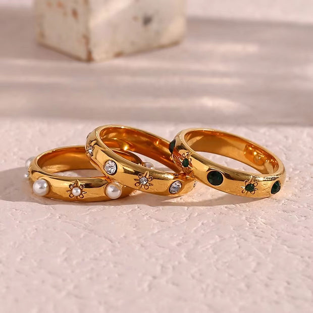 Trendy 18K Gold Plated Fresh Water Pearl & Zircon Rings Jewelry Women Tarnish Free Stainless Steel Rings