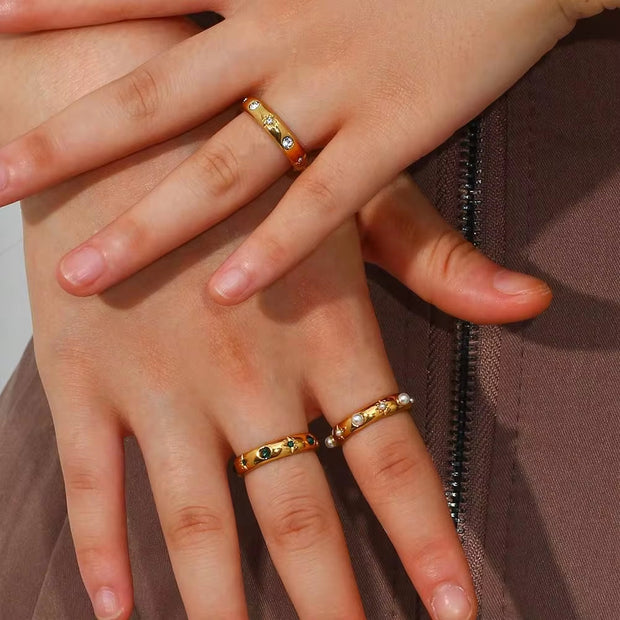 Trendy 18K Gold Plated Fresh Water Pearl & Zircon Rings Jewelry Women Tarnish Free Stainless Steel Rings