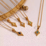 Vintage Engraved Rhombic Colorful Man-Made Opal Pendant Necklace 18K Gold Plated Stainless Steel Necklace Design Jewelry