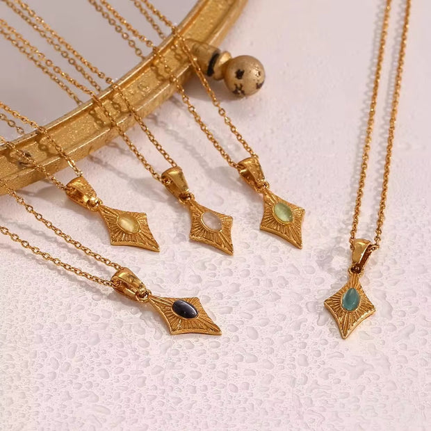 Vintage Engraved Rhombic Colorful Man-Made Opal Pendant Necklace 18K Gold Plated Stainless Steel Necklace Design Jewelry