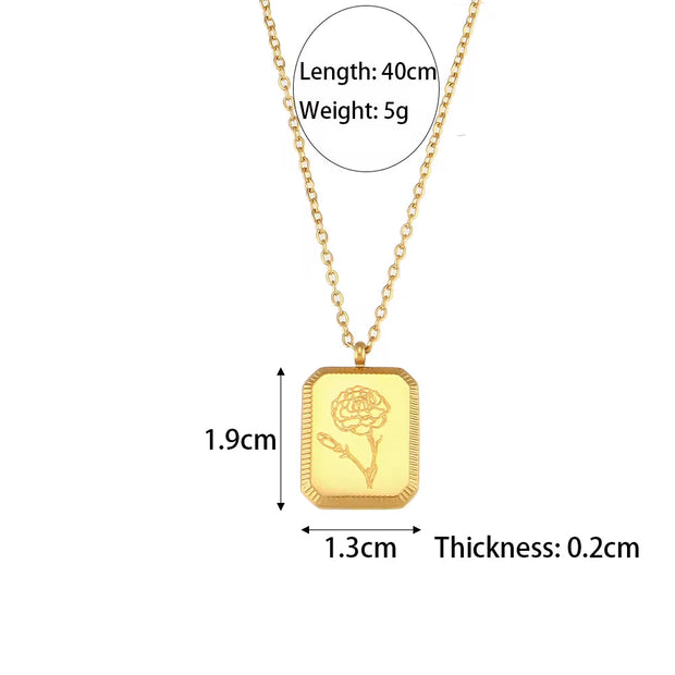 Vintage Engraved Square Birth Flower Pendant Necklace 18K Gold Plated Stainless Steel Tarot Necklace
