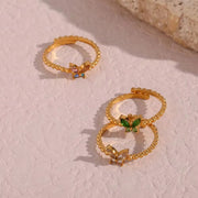 18K Gold Plated Stainless Steel Adjustable Zircon Butterfly Rings for Women Non Tarnish Jewelry