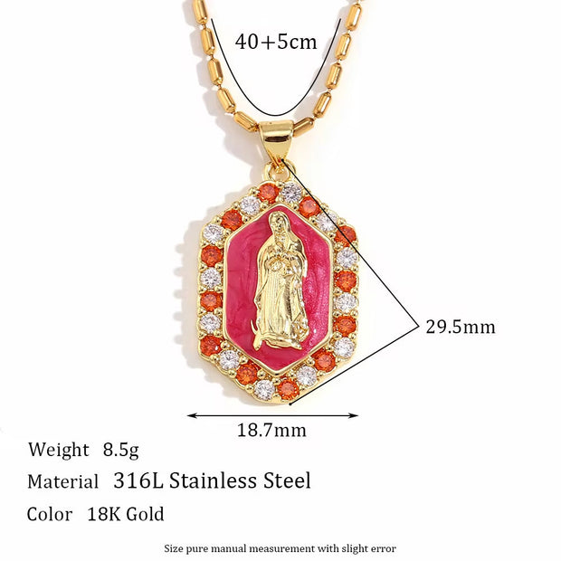 Valentine'S Day Jewelry Shining Zircon Virgin Mary Enamel Necklace Gold Plated Jewelry Stainless Steel Pendant Necklace