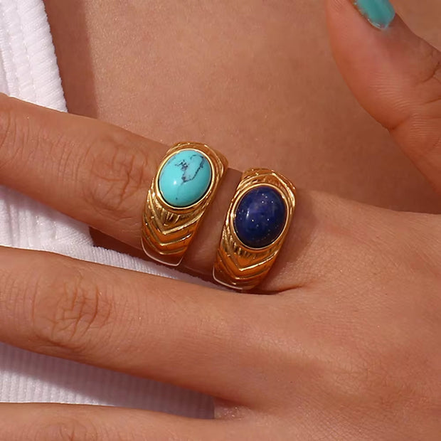 Vintage Dome Ring Engraved Gemstone Rings PVD Gold Plated Stainless Steel Statement Ring