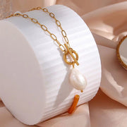 18K Gold Plated Baroque Fresh Water Pearl Paper Clip Chain Stainless Steel Pendant Necklace