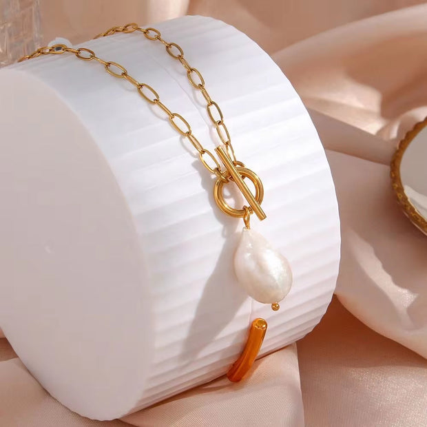 18K Gold Plated Baroque Fresh Water Pearl Paper Clip Chain Stainless Steel Pendant Necklace