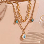 Turquoise Evil Eye Charm Necklace Double Layer Chain Necklace Gold Plated Stainless Steel Jewelry