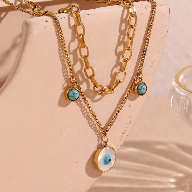 Turquoise Evil Eye Charm Necklace Double Layer Chain Necklace Gold Plated Stainless Steel Jewelry