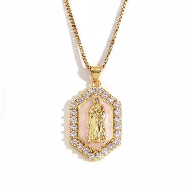 Valentine'S Day Jewelry Shining Zircon Virgin Mary Enamel Necklace Gold Plated Jewelry Stainless Steel Pendant Necklace