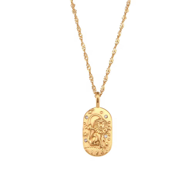 Vintage Embossment 12 Zodiac Signs Zircon Pendant Necklace 18K Gold Plated Stainless Steel Necklace for Women