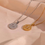 Vintage Engraved round Compass Shape Zircon Pendant Necklace 18K Gold Plated Stainless Steel Necklace