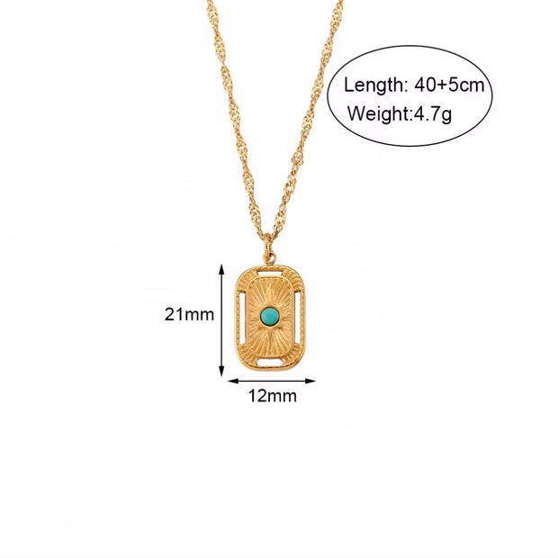 Vintage Tarnish Free Square Sunburst Turquoise Pendant Necklace 18K Gold Plated Stainless Steel Necklace