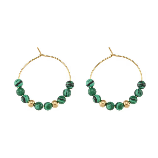 Vintage Natural Stone Earring Beaded Gold Plated Stainless Steel Hoop Earring Handmade Beaded Earrings