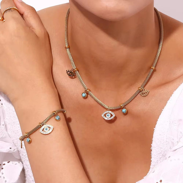 Vintage Turquoise Evil Eye Jewelry Gemstone Charm Choker Gold Plated Chain Necklace Stainless Steel Jewelry