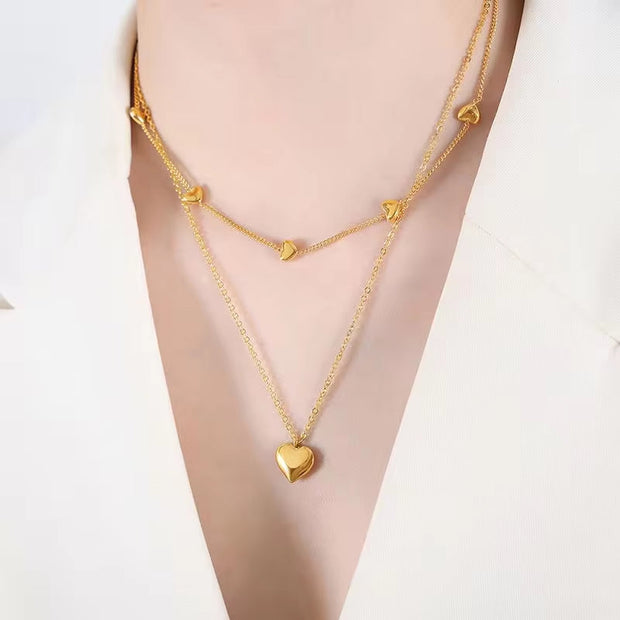 Wholesale Custom Fashion Jewelry 18K Gold Plated Stainless Steel Double Layer Dainty Heart Pendant Necklace for Women