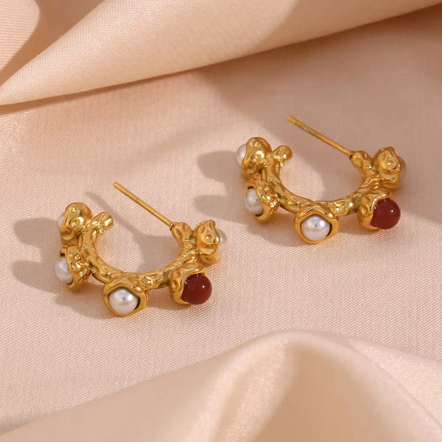 2023 New Arrivals Ruby Stud Earrings 18K Gold Plated Stainless Steel Pearl Bulk Wholesale Earrings