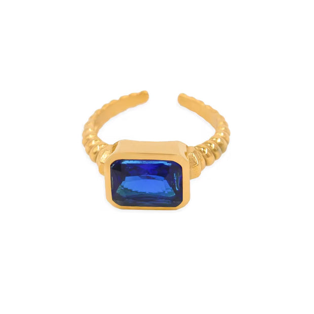 Women Non Tarnish Finger Jewelry 18K Gold Plated Stainless Steel Blue Clear White Cubic Zirconia Zircon Open Ring