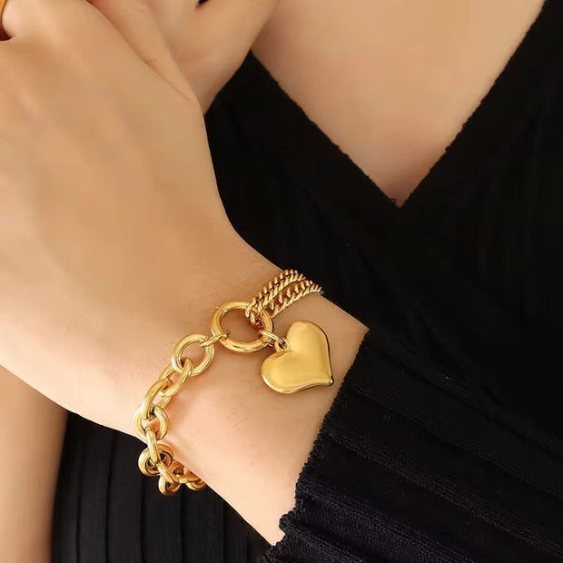 18K Gold Chunky Heart Curb Splicing Stainless Steel Smooth Double Layer Heart Chains Bracelet Women