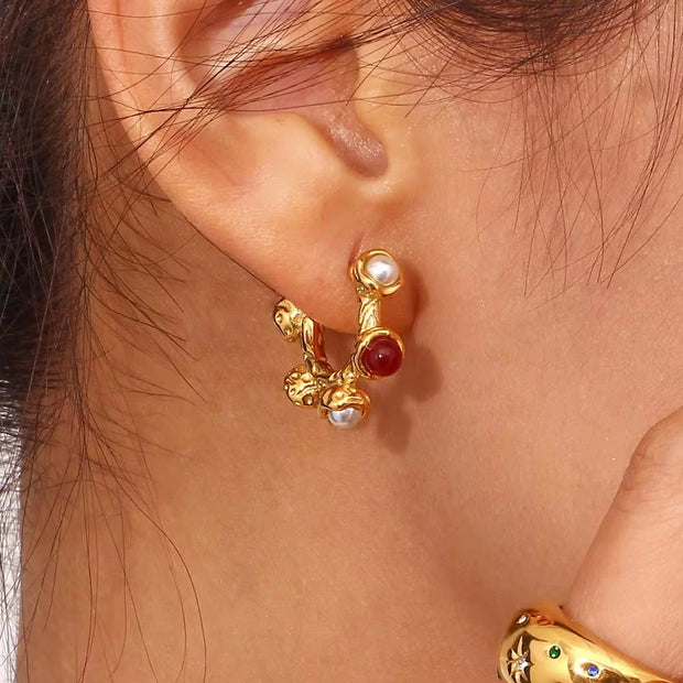 2023 New Arrivals Ruby Stud Earrings 18K Gold Plated Stainless Steel Pearl Bulk Wholesale Earrings