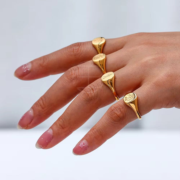 Tarnish Free Sunflower Signet Rings Set PVD 18K Gold Plated Stainless Steel Chunky Rings, Women Jewelry