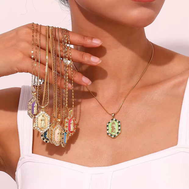 Valentine'S Day Jewelry Shining Zircon Virgin Mary Enamel Necklace Gold Plated Jewelry Stainless Steel Pendant Necklace