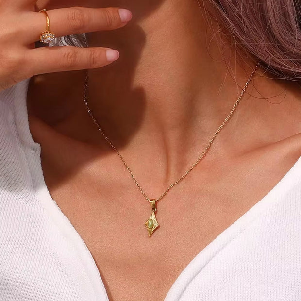 Vintage Engraved Rhombic Colorful Man-Made Opal Pendant Necklace 18K Gold Plated Stainless Steel Necklace Design Jewelry