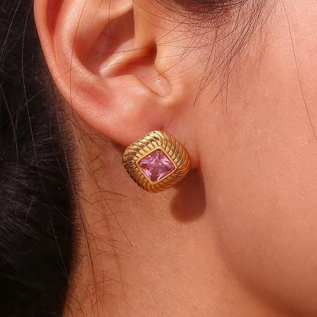 Vintage Texture Rhombus Zircon Stud Earrings Stainless Steel Statement Earring 2024 Gold Plated Earrings