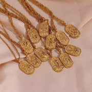 Vintage Embossment 12 Zodiac Signs Zircon Pendant Necklace 18K Gold Plated Stainless Steel Necklace for Women