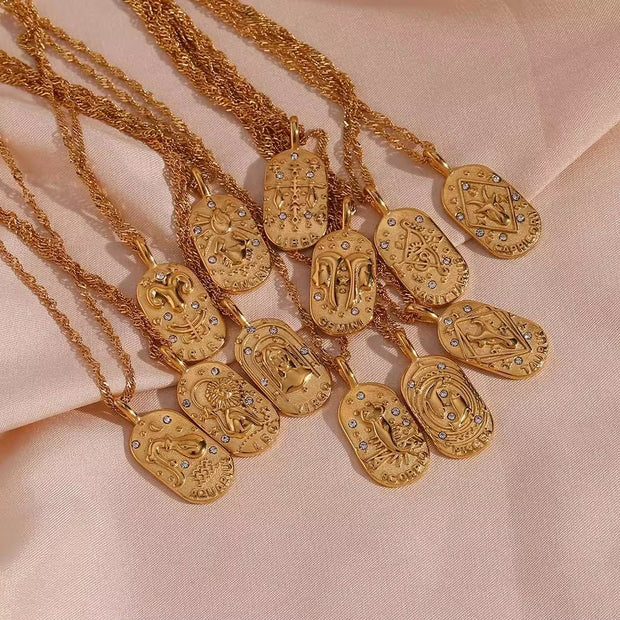 Vintage Embossment 12 Zodiac Signs Zircon Pendant Necklace 18K Gold Plated Stainless Steel Necklace for Women