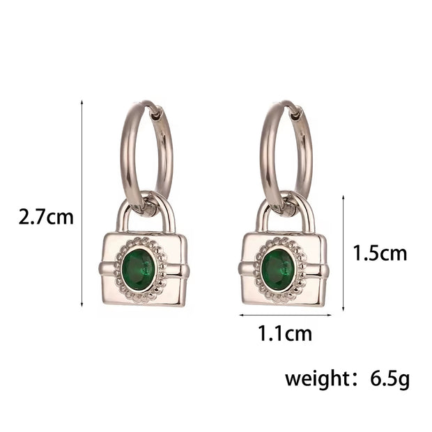 Vintage 18K Gold Plated Zircon Lock Shape Drop Earrings Stainless Steel Women Drop Earring