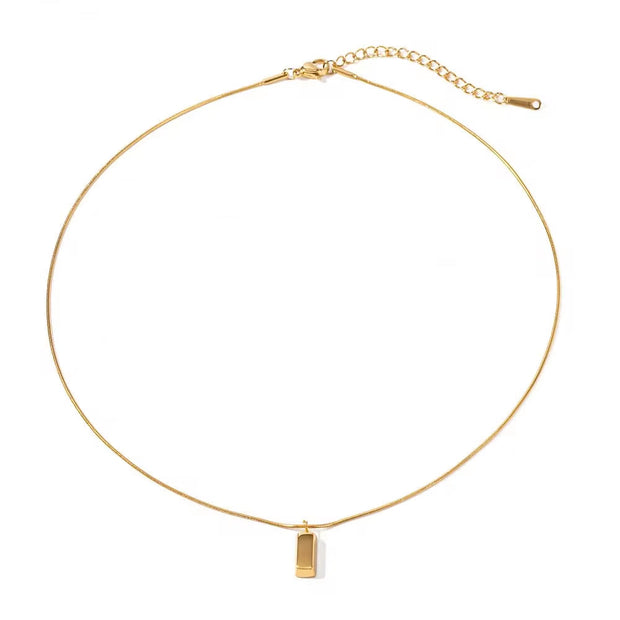 Waterproof 18K PVD Gold Plated Thin Snake Chain Simple Stainless Steel Brick Square Pendant Necklace for Women