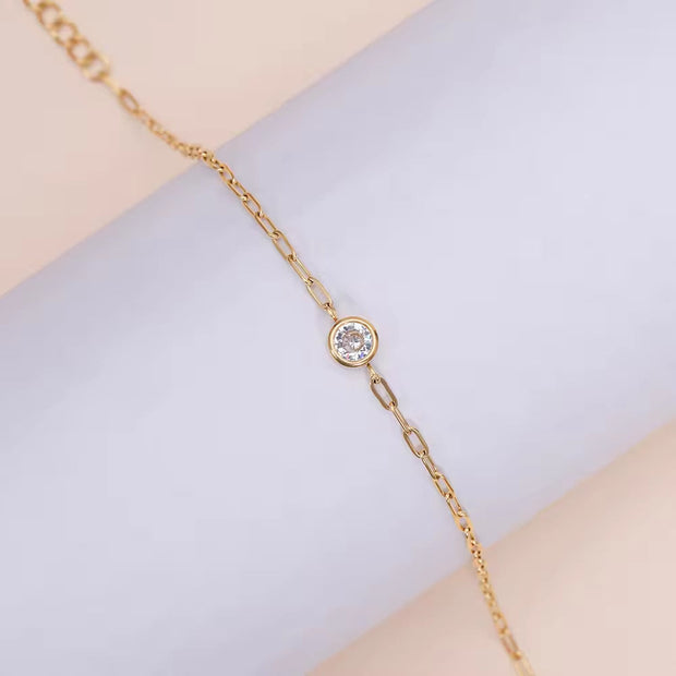 18K PVD Gold Plated Waterproof Stainless Steel Paper Clip Chain round Zirconia Bracelet for Women Wholesale Jewelry